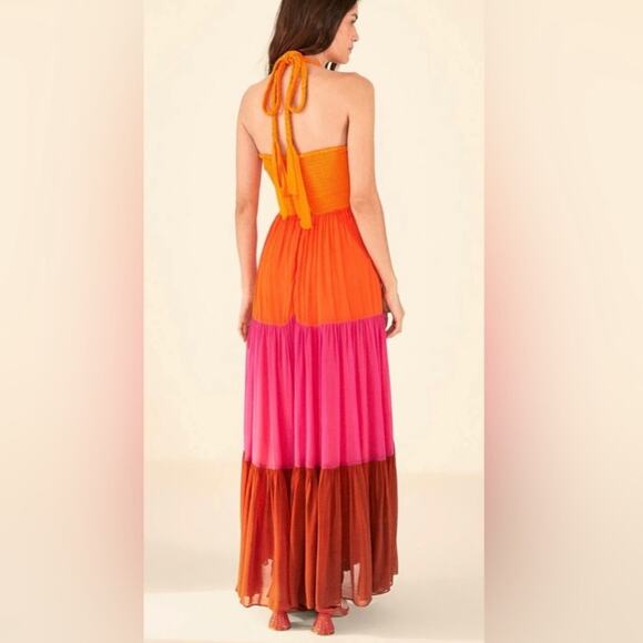Farm Rio Women’s Color Block Orange Pink Halter Tie Cutout Bust Maxi Dress Small - Picture 6 of 14
